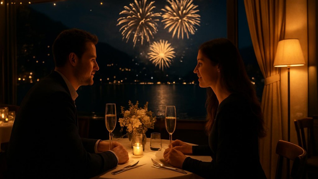 Coppia durante una cena romantica di Capodanno